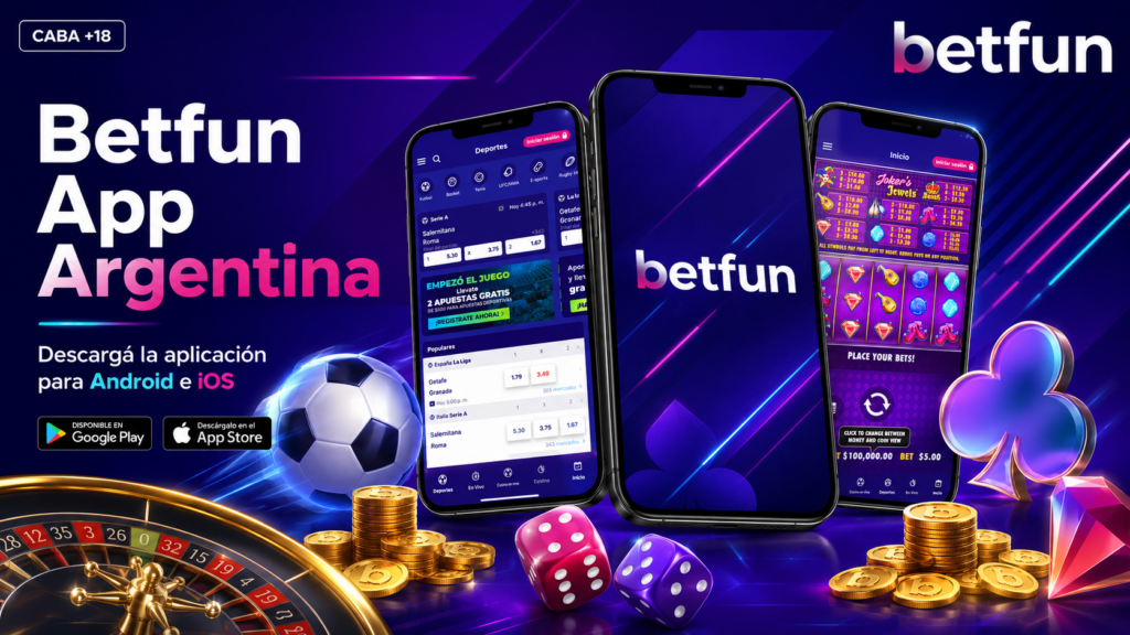 Imagen principal de Betfun App Argentina con teléfonos móviles, casino online, apuestas deportivas, ruleta, dados y acceso para usuarios CABA +18