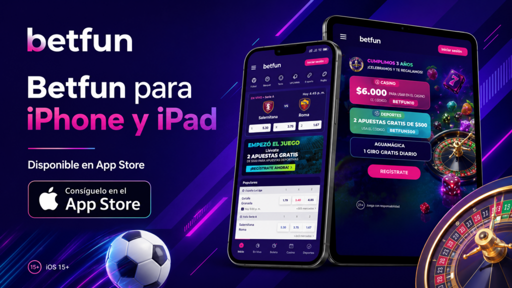 App de Betfun para iPhone y iPad con pantallas de apuestas, promociones, casino y disponibilidad en App Store