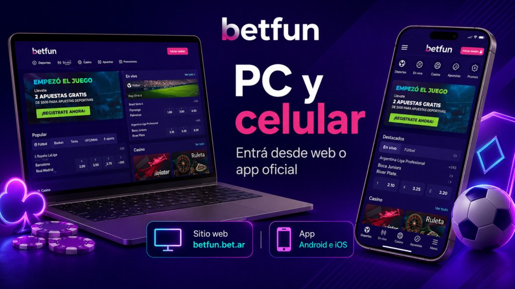 Acceso a Betfun desde computadora y celular mediante sitio web oficial, app Android e iOS