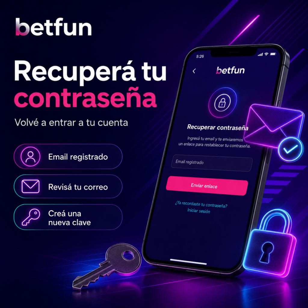 Recuperación de contraseña de Betfun con email registrado, enlace de restablecimiento, llave y candado de seguridad