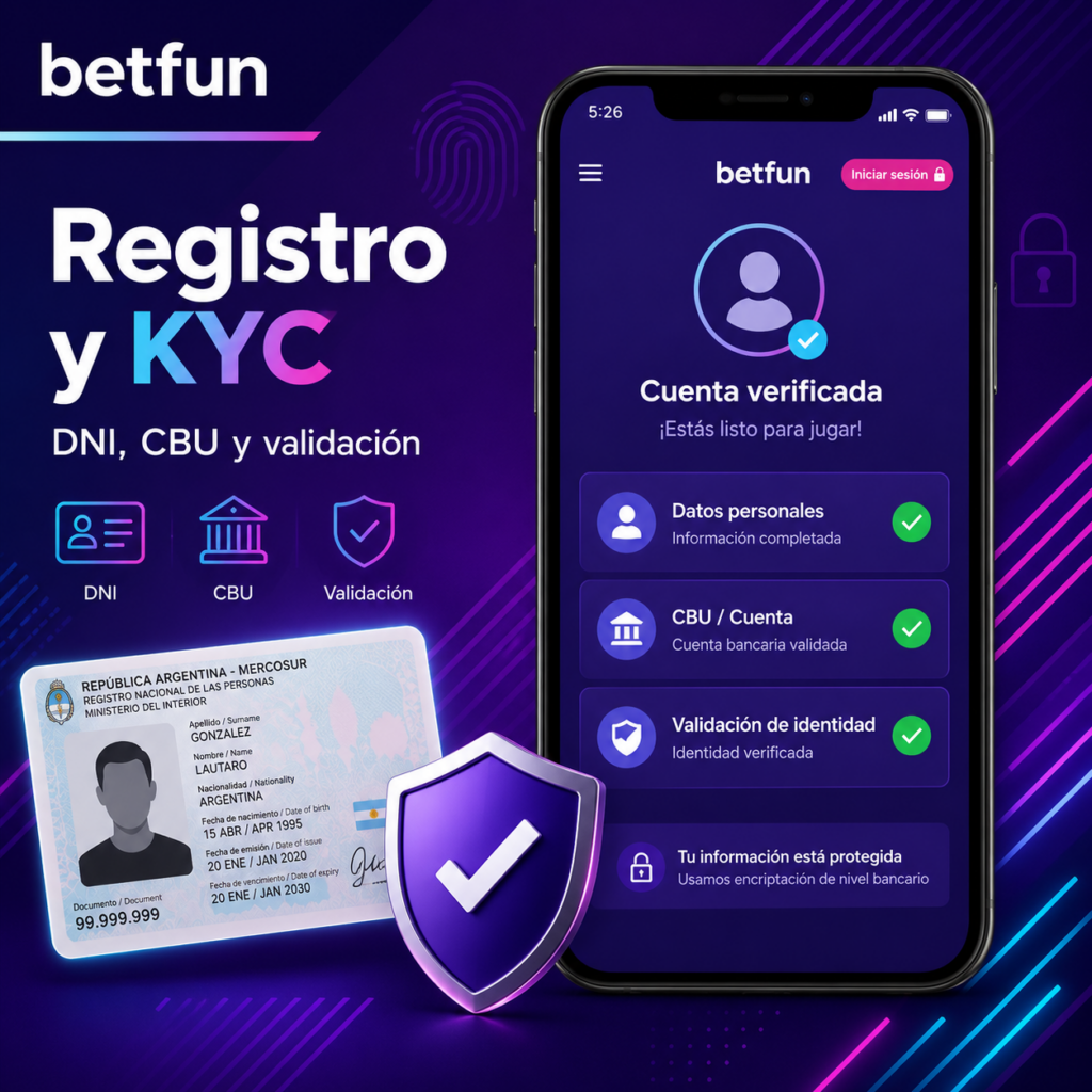 Registro y verificación KYC en Betfun con DNI argentino, CBU, validación de identidad y cuenta verificada