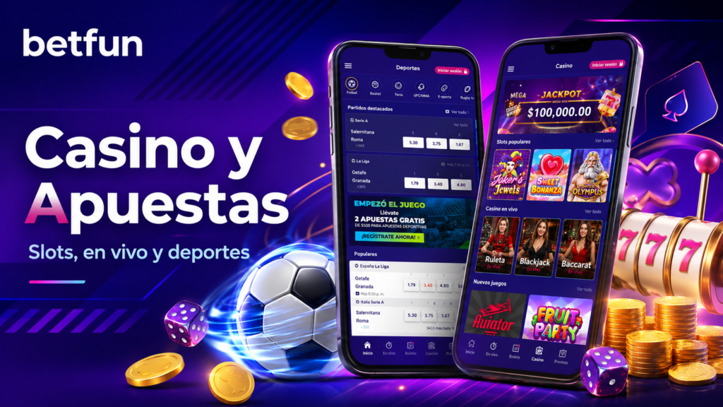 Betfun mobile con casino online, apuestas deportivas, slots, casino en vivo, fútbol, dados y monedas