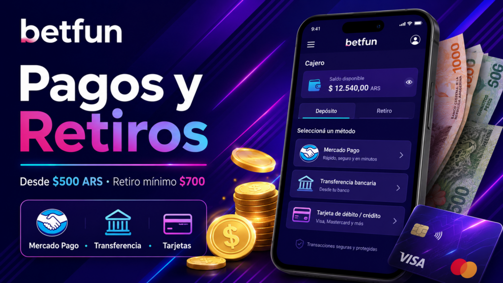 Pagos y retiros en Betfun con cajero móvil, Mercado Pago, transferencia bancaria, tarjetas, pesos argentinos y saldo en ARS