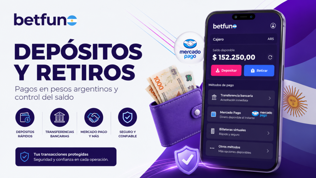 Depósitos y retiros en Betfun Argentina con pagos en pesos, Mercado Pago, transferencias y control del saldo