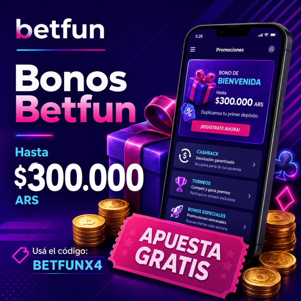 Bonos Betfun con promoción de bienvenida, apuesta gratis, código BETFUNX4, monedas y pantalla de promociones móviles