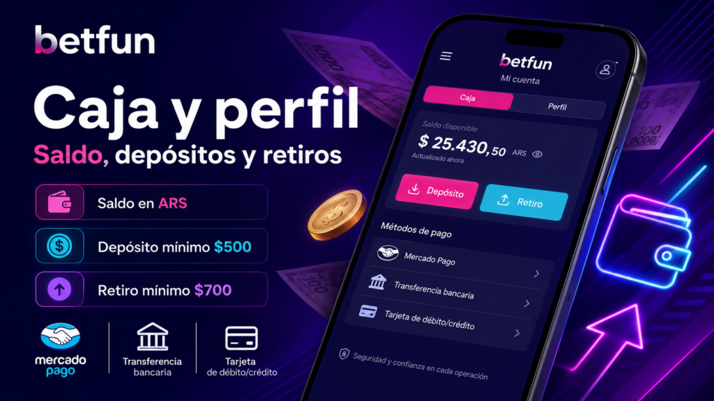 Caja y perfil de Betfun con saldo en ARS, depósitos, retiros, Mercado Pago, transferencia bancaria y tarjetas