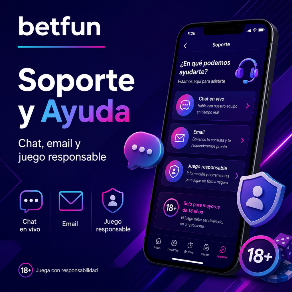 Soporte y ayuda de Betfun con chat en vivo, email, juego responsable, protección de usuario y aviso para mayores de 18 años