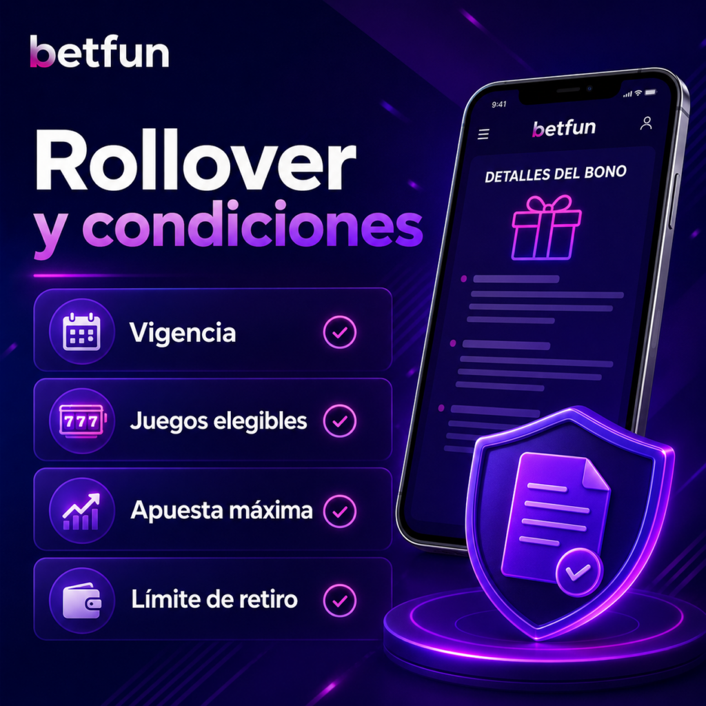 Rollover y condiciones del bono Betfun con vigencia, juegos elegibles, apuesta máxima y límite de retiro