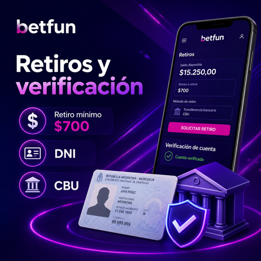 Retiros y verificación en Betfun con retiro mínimo de $700 ARS, DNI, CBU, cuenta verificada y solicitud de retiro