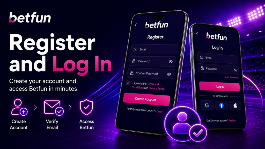 Betfun account registration and login screens on mobile devices