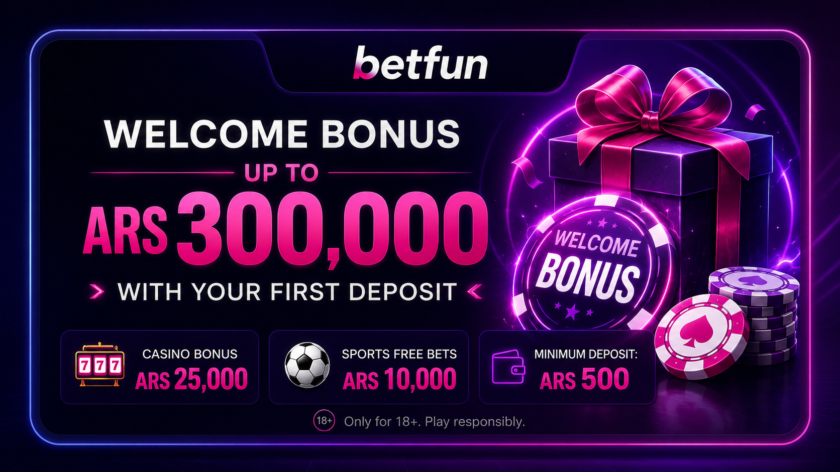 Betfun welcome bonus up to ARS 300,000 with casino bonus, sports free bets and minimum deposit