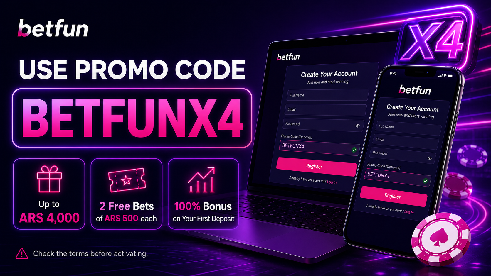 Betfun BETFUNX4 promo code with up to ARS 4,000, two free bets and a 100% first deposit bonus