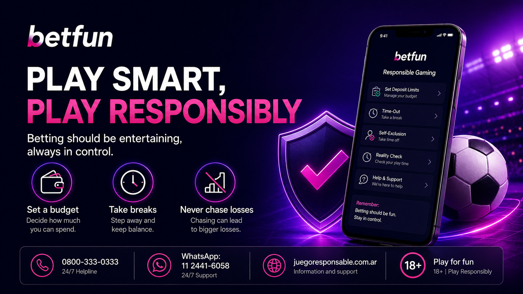 Betfun responsible gambling tools with deposit limits, breaks, self-exclusion and support contacts