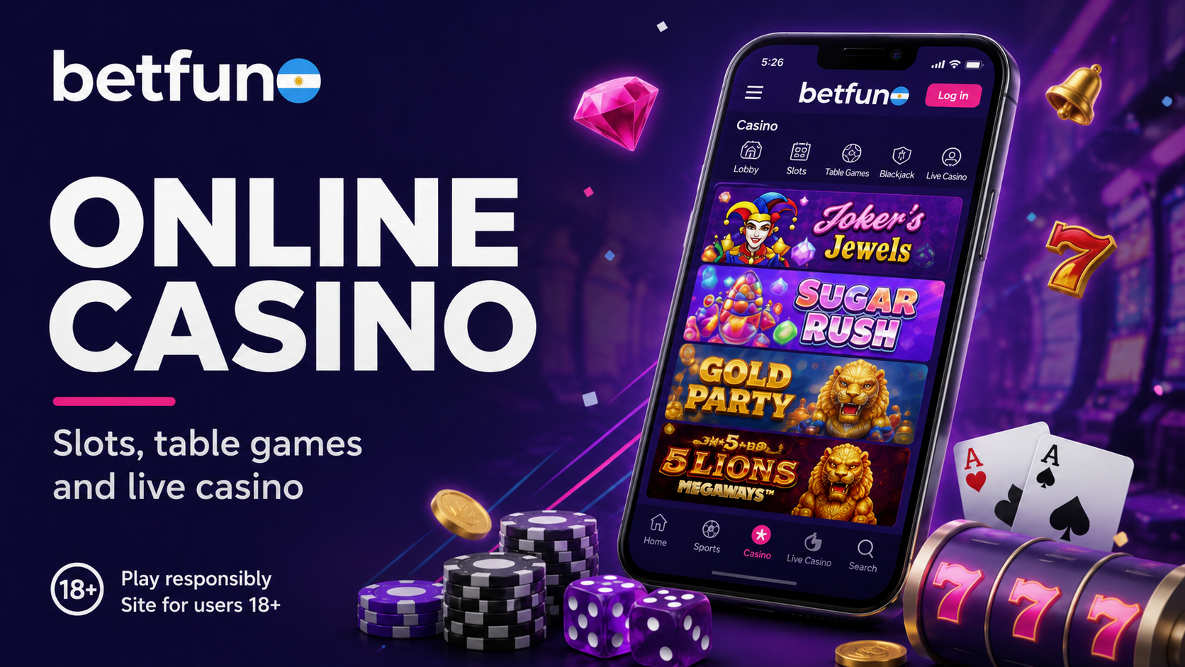 Betfun online casino with slots, table games, live casino titles and responsible gambling notice