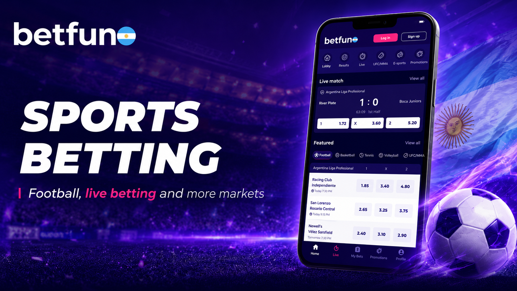 Betfun sports betting platform in Argentina with football, live betting markets and mobile access