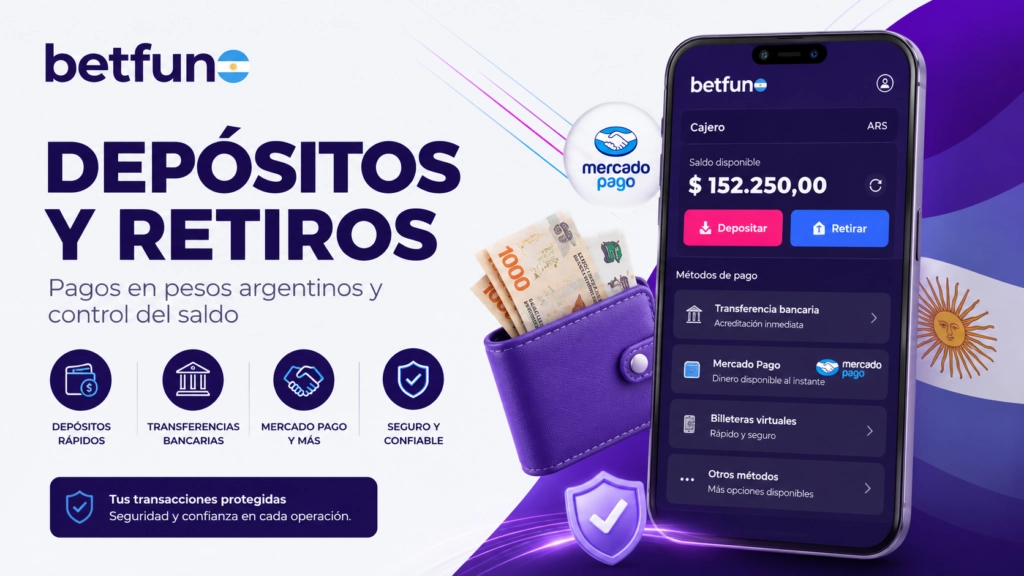 Depósitos y retiros en Betfun Argentina con pagos en pesos, Mercado Pago, transferencias y control del saldo
